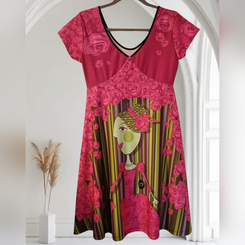 US2💖Volt Design Unique Vibrant Pink Graphic Midi Dress